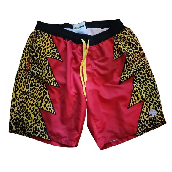 Tipsy Elves X Slim Jim's Mens Swim Trunks Red With Leopard Print On Sides Sz Lrg - Picture 1 of 6
